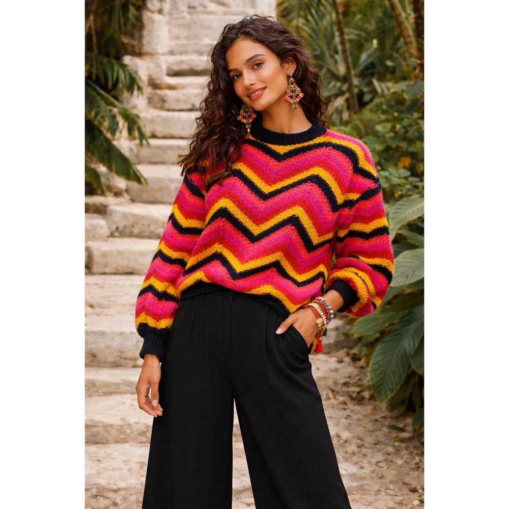 Avara Chevron Zigzag Sweater Sz Small Multicolor Pink Orange Knit Indie Eclectic
